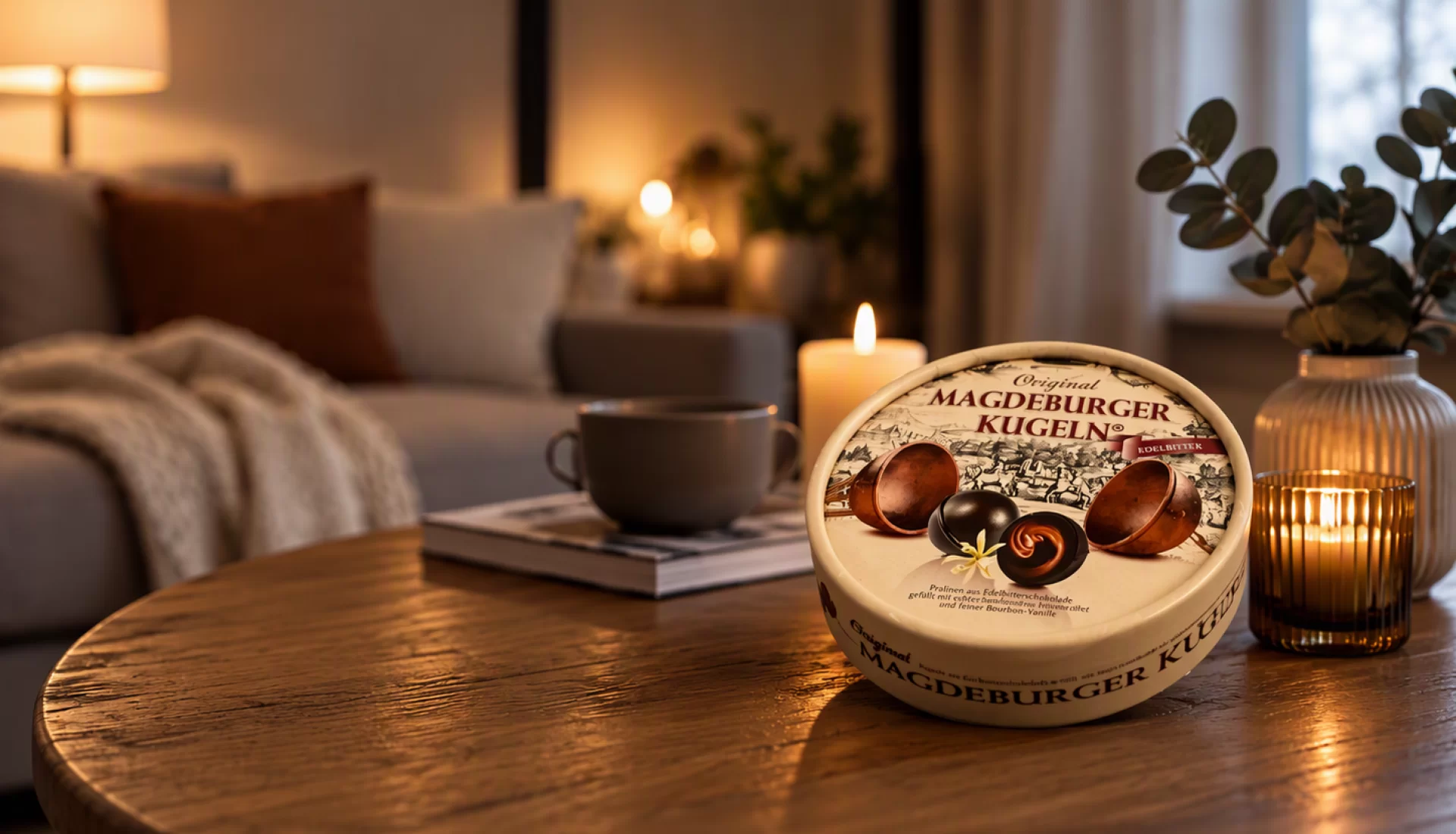 Auf dem Bild ist eine gem&uuml;tlich inszenierte Wohnzimmerszene mit den &bdquo;Original Magdeburger Kugeln&ldquo; als zentralem Produkt zu sehen.