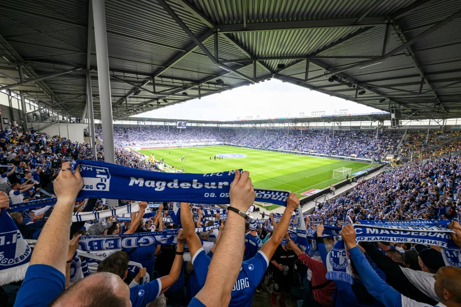 Jubelnde Fans in den Reihen mit Blick aufs Spielfeld