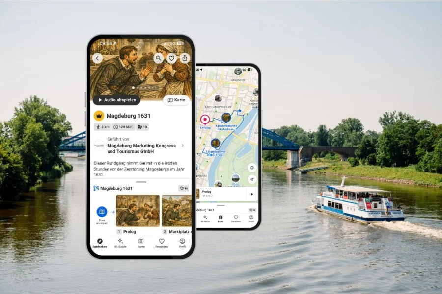 Foto von Elbe und Wei&szlig;er Flotte mit Sternbr&uuml;cke im Hintergrund, darauf ein Mockup Handy mit der Smartguide-Tour