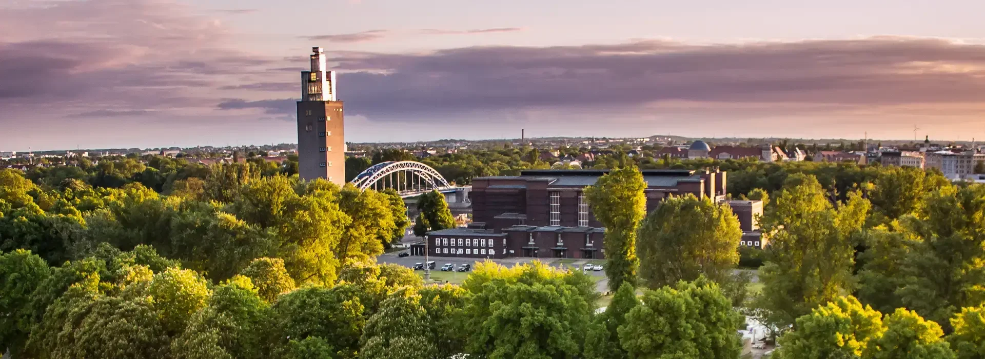 Abendlicher Blick ueber den Stadtpark Rotehorn: Albinmueller-Turm und Stadthalle zwischen Baumkronen, links die Bogenbruecke ueber die Elbe