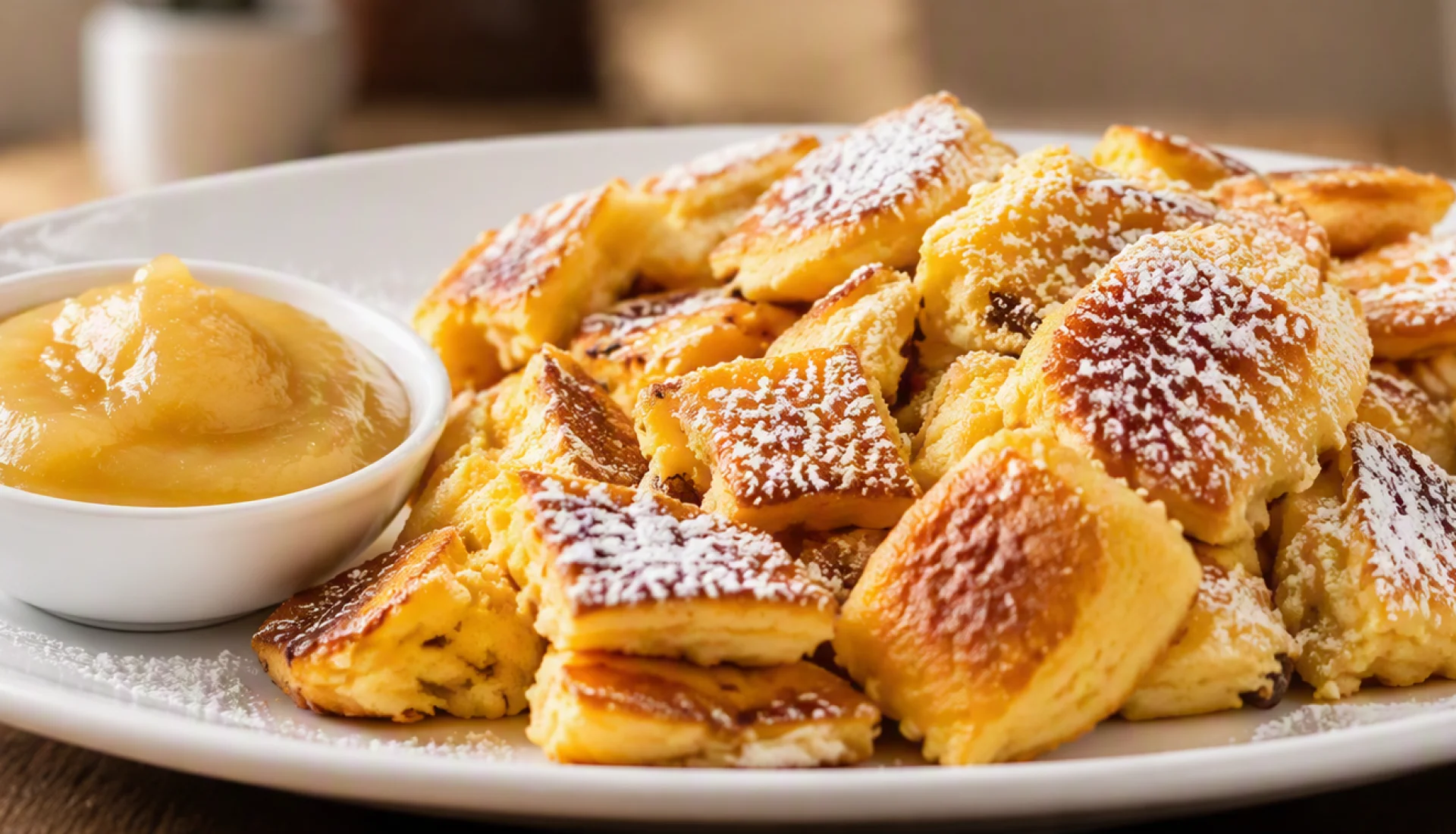 Kaiserschmarrn mit Apfelmus auf einem Teller