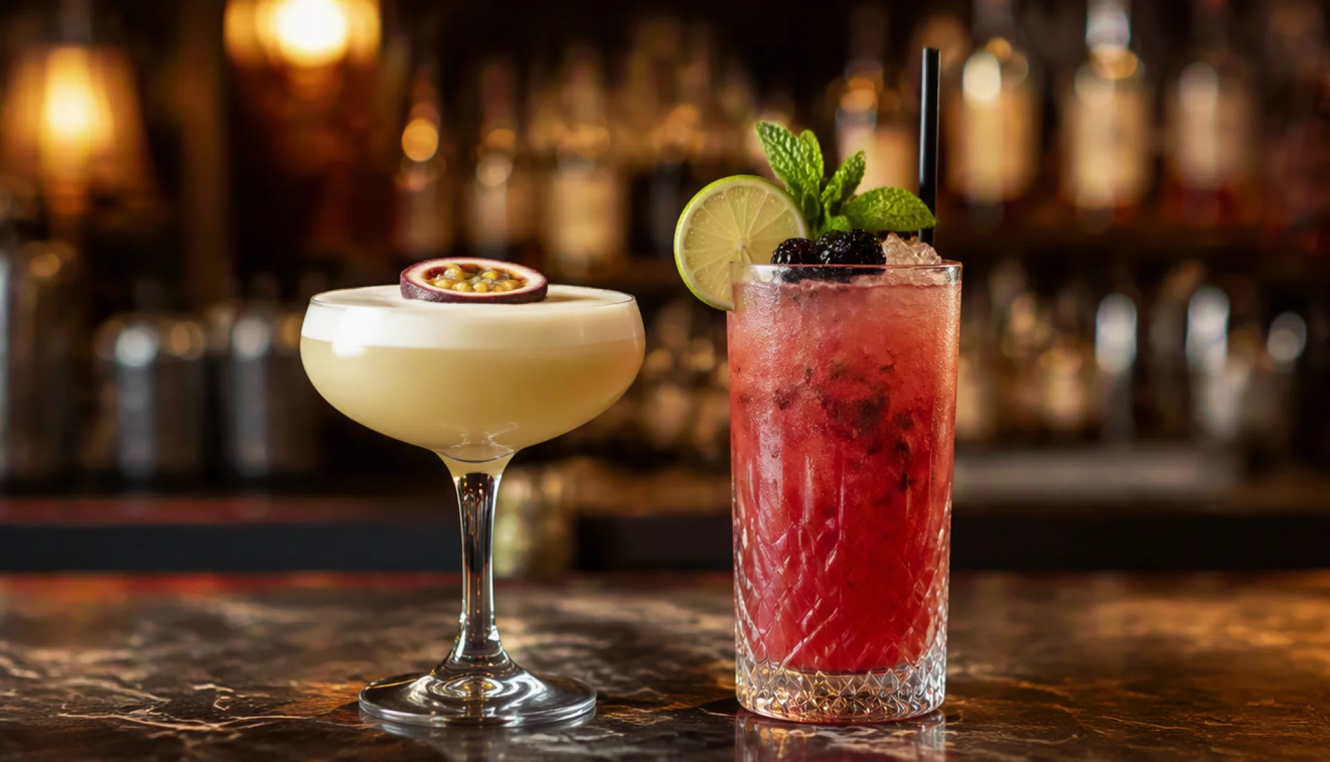 Zwei Cocktails auf einer Bar, der Hintergrund verschwommen