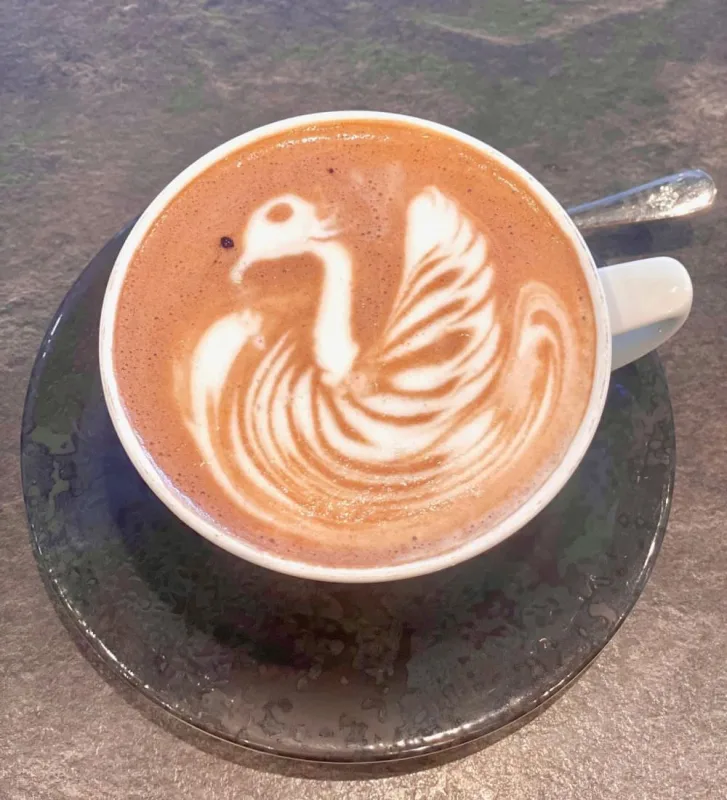 Cappuccino mit einem Schwan als Milchschaumbild in weißer Tasse auf dunklem Teller