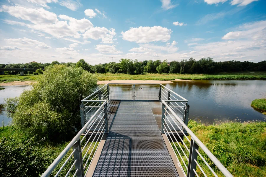 Aussichtsplattform aus Metallgitter mit Gel&auml;nder &uuml;ber der Alten Elbe, dahinter eine Sandbank und dichter Auwald unter blauem Himmel mit Wolken