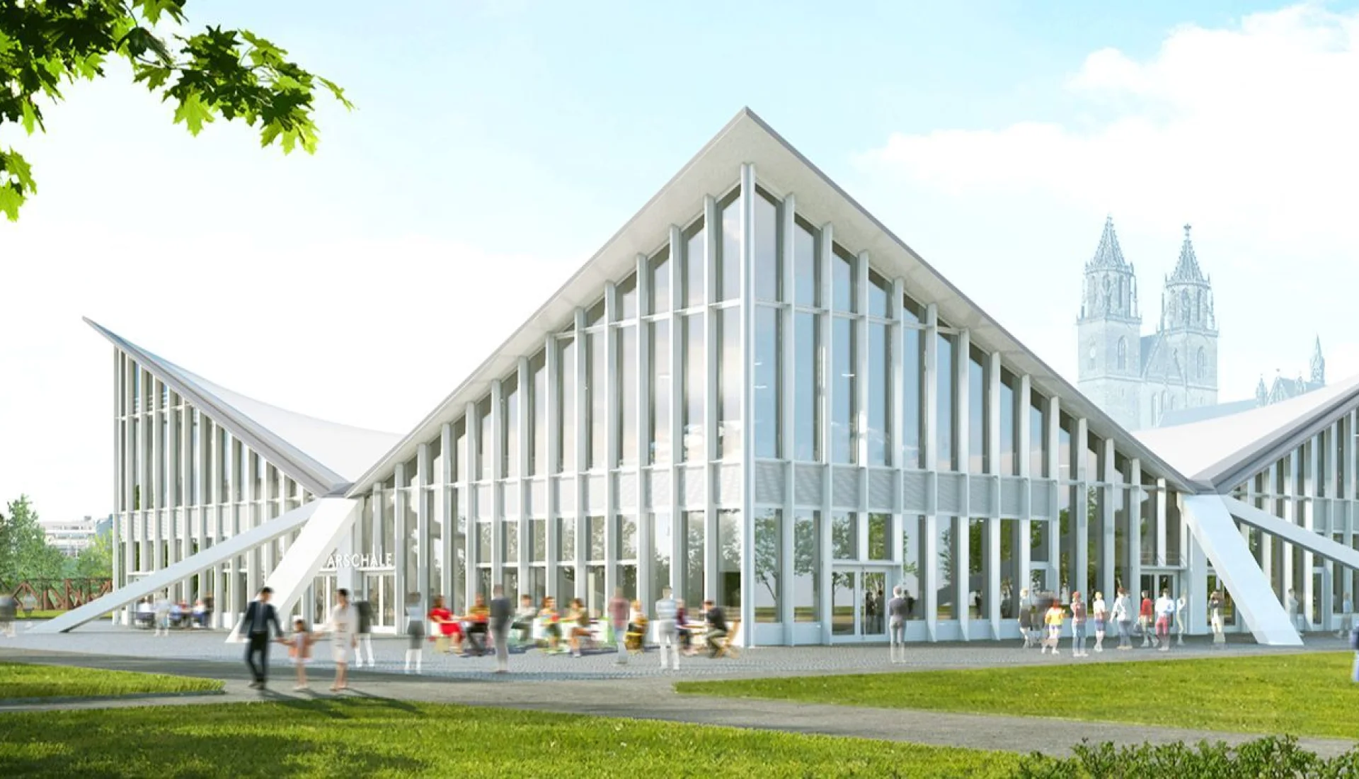 Visualisierung der sanierten Hyparschale: vier geschwungene Dachschalen &uuml;ber der Glasfassade, rechts blass der Dom, davor Passanten auf den Wegen im Park