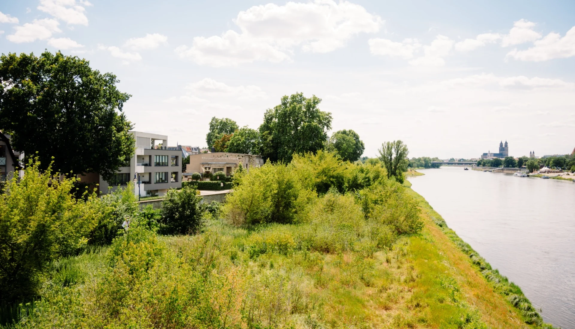 Blick &uuml;ber den gr&uuml;n bewachsenen Elbdeich auf die Theatervilla des Insel Theaters zwischen B&auml;umen, rechts die Elbe, am Horizont die T&uuml;rme des Doms
