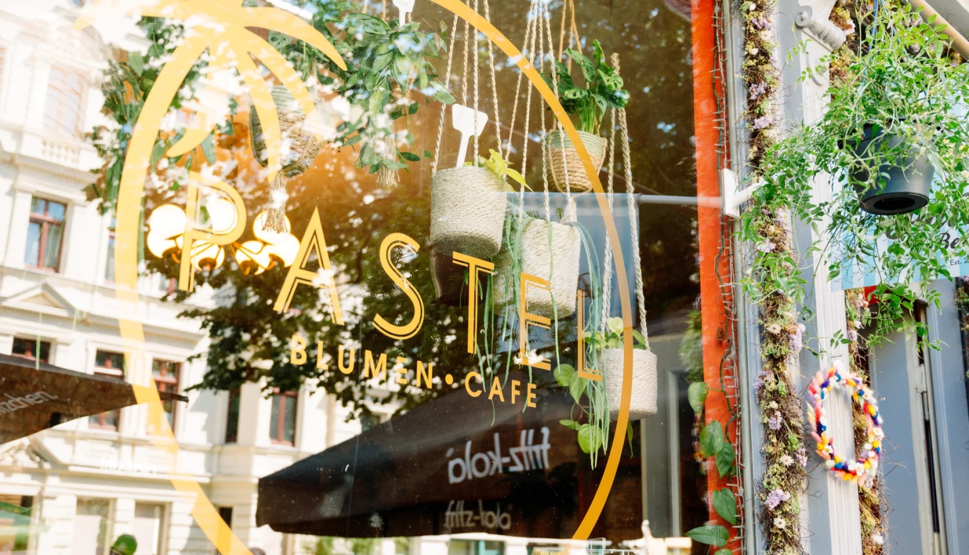 Schaufenster des Pastel Blumencaf&eacute; mit gelbem Palmen-Logo, dahinter h&auml;ngende Pflanzenampeln in Jutek&ouml;rben, rechts ein blumenumrankter T&uuml;rpfosten