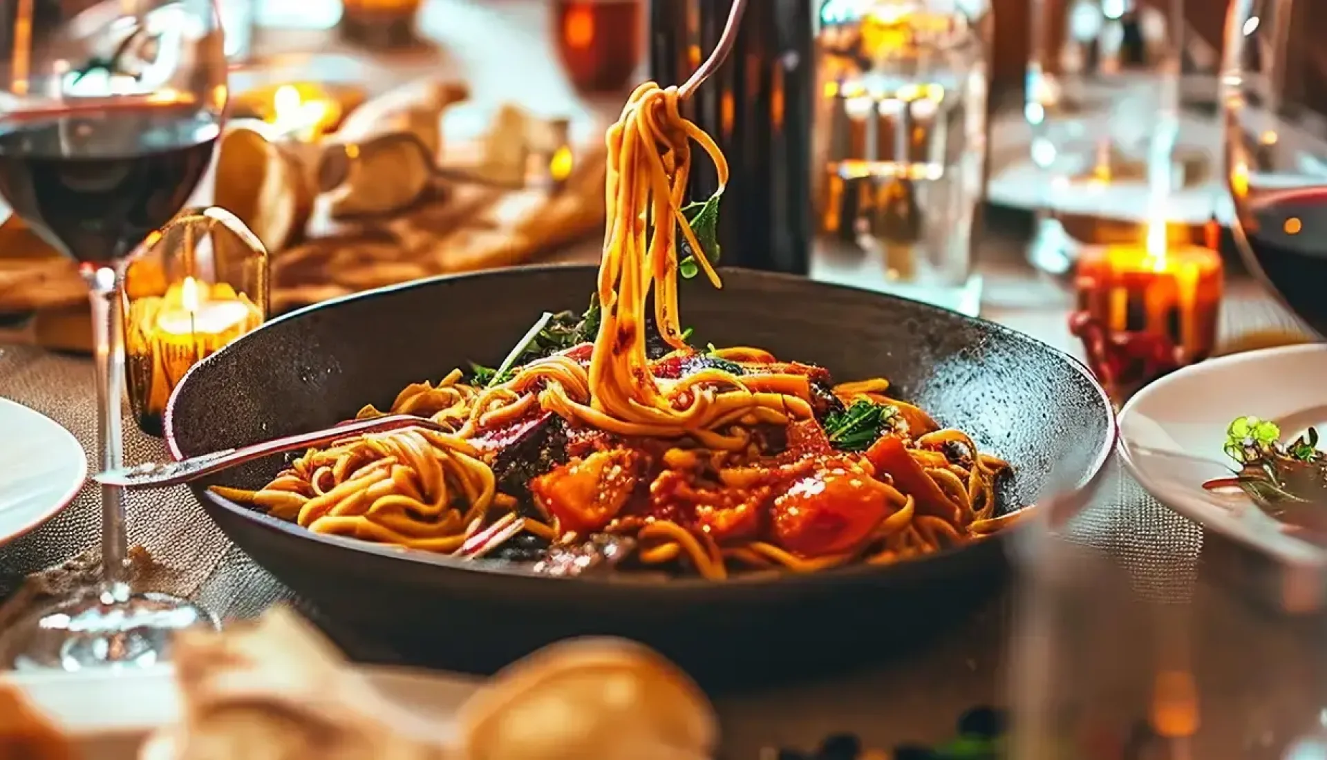 Teller Spaghetti mit Tomatenso&szlig;e auf festlich gedecktem Tisch, eine Gabel hebt Nudeln an, ringsum Rotweingl&auml;ser, Brot und Kerzen