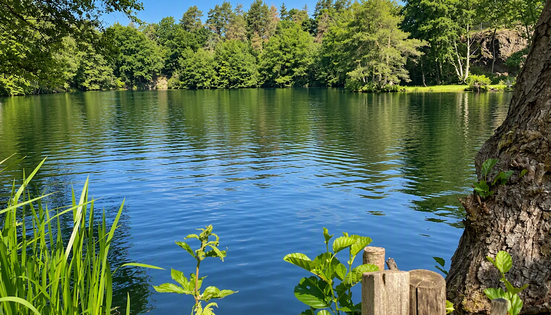 Blick auf einen See umgeben von gr&uuml;nen B&auml;umen. Blauer Himmel im Hintergrund.