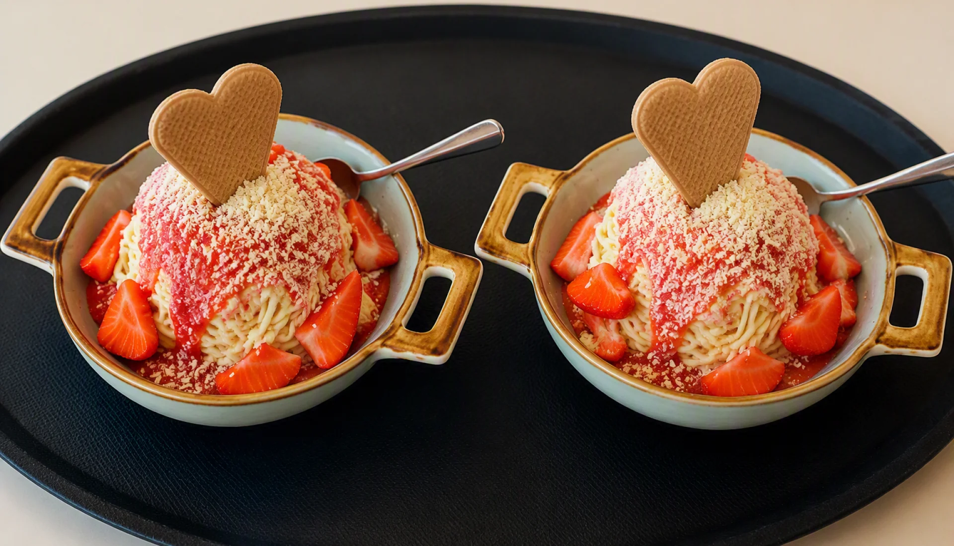 Zwei Spaghettieis in kleinen Sch&uuml;sseln nebeneinander auf einem schwarzen Tablett.