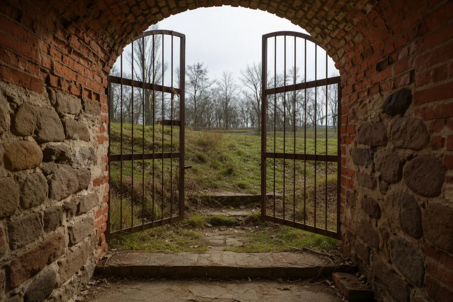 Blick auf ein Gitter-Tor, stehend in einer Festungsanlage umgeben von rotem Gem&auml;uer. Hinter dem Tor befindet sich ein H&uuml;gel, der mit Gras bewachsen ist.