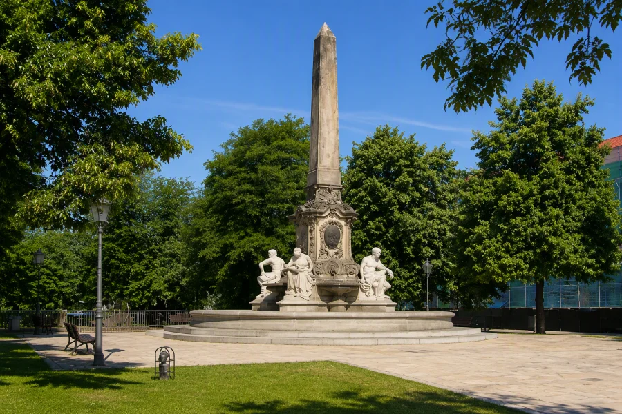 Blick auf den Hasselbachbrunnen am Haydnplatz umgeben von einer Parkanlage.