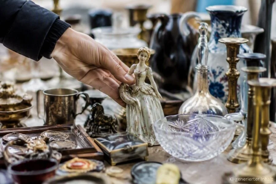 Eine Hand greift nach einer Porzellanfigur auf einem Tr&ouml;delmarktstand zwischen Silberkannen, Kerzenleuchtern und Kristallschalen
